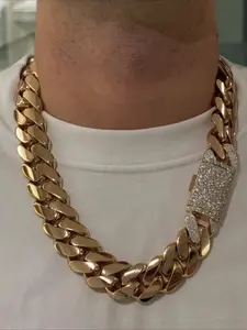 Inlaid Lock Gold Plated 23mm Wide Miami Cuban Link Chain Sterling Silver Men's Chain Cuban Chain Necklace Jewelry Large Party Party, Dating, Rapper, Valentine's Day Gift Free Extra 8-inch Bracelet