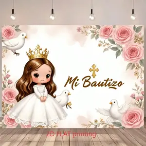 Spanish Baptism Theme 'mi Bautizo' Background Cloth, Polyester Material, Princess & Rose Design, Baby Girl Baptism Decoration