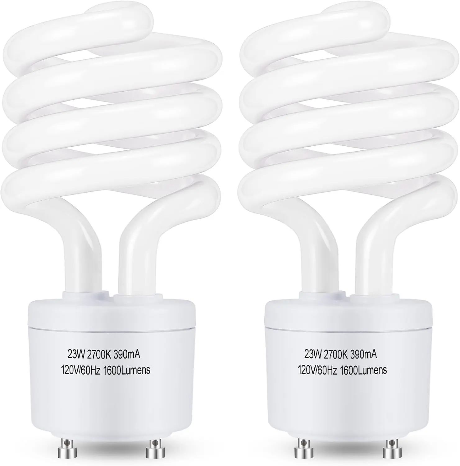 CFL Light Bulbs GU24 Base, T3 Spiral 23Watt (100Watt Equ) Soft White 2700K 1600lm Compact Fluorescent Light Bulbs, UL Approved, 120v 60Hz, Self Ballasted CFL Bulbs, Pack of 2