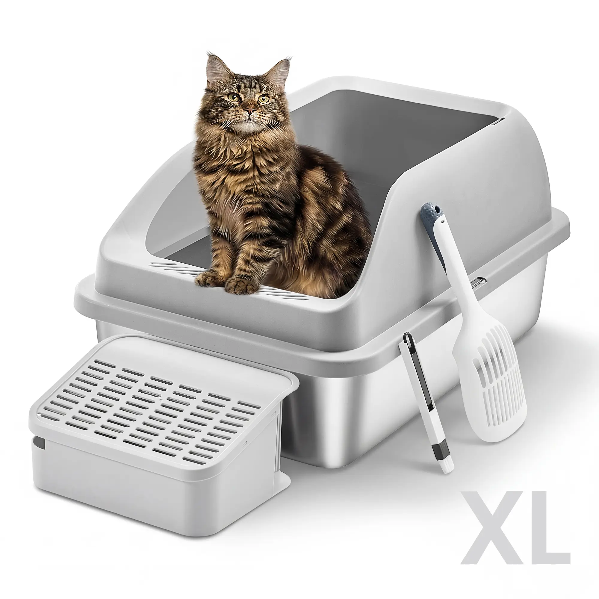 Feandrea Stainless Steel Litter Box, Open-Top High-Sided Litter Tray with Step, Scoop & Brush, Easy Cleaning, for Cats Up to 33 lb, High Side Feandrea Stainless Steel Litter Box, Open-Top High-Sided Litter Tray with Step, Scoop & Brush, Easy Cleaning, for Cats Up to 33 lb, High Side