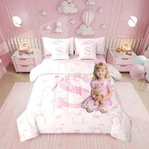 Feelyou 7-Piece Bow Knot Bed in a Bag for Girls, Pink Alphabet Pattern Sheet Set, Aesthetic Love Heart Comforter