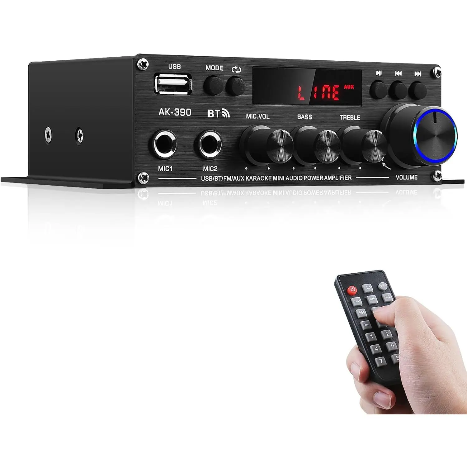 Stereo Audio Amplifier for , -390 Bluetooth5.0 HiFi Mini Audio Amp 2.0  RMS 40W X 2 Audio Component Speakers Amplifiers with 12V/5A Adapter, FM Radio, (BT,USB, AUX, Mic) Input