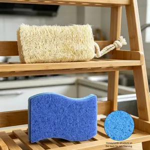 2pcs Blue S-Type Sponge Brush, Natural Loofah Luffa, Absorbent Cleaning Sponge, Dishwashing Sponge, Kitchen Cleaner, Home Essential