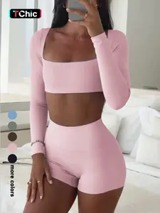 Women's Casual Sporty Long Sleeve Top & Shorts Set, Slim-Fit Thin Fabric for Fall Season, Comfortable Daily Wear Apparel, Sweatsuit Set, Sweatsuit Outfits, Sportswear Set