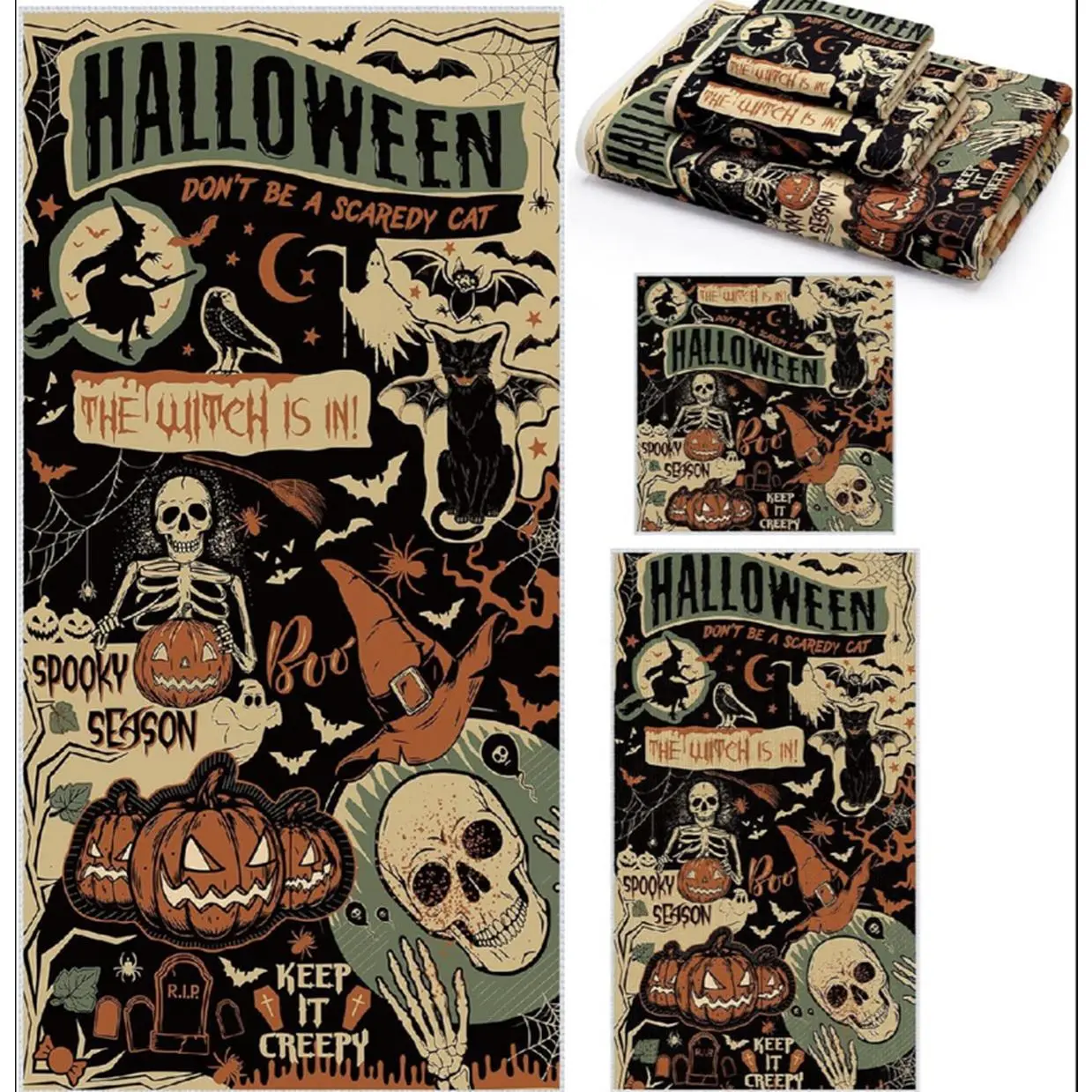 Halloween 3 Piece Bathroom Towel Set - Spooky Season Design with Skeletons, Pumpkins, and Bats - Perfect for Halloween Decor