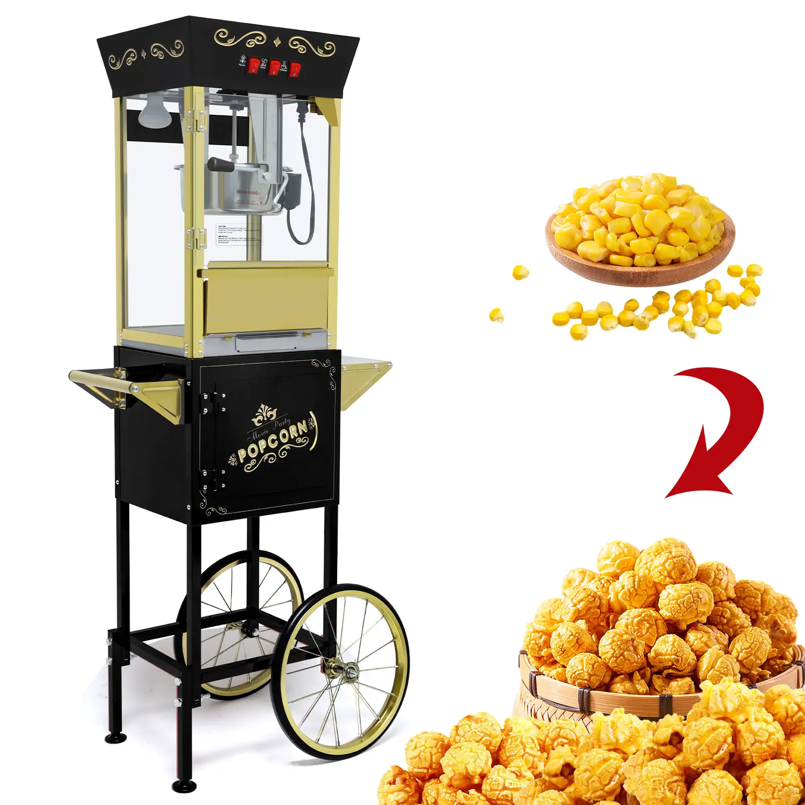 12oz Popcorn Machine Cart,.popcorn maker machine,Popcorn Cart with Wheels,.Vintage Popcorn Machine with Stainless Steel Kettle, Movie Theater Style Popcorn Machine for Party, Black