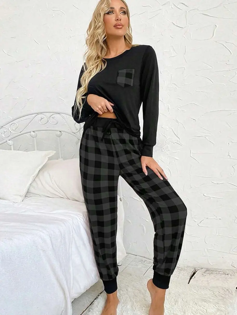 Women's Dark Grey Plaid Long Sleeve Pajama Set with Pocket