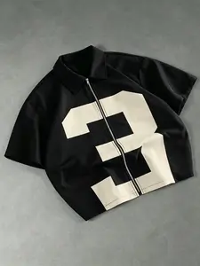 Men's Black Cropped Zip-Up Shirt, Collared Short Sleeve Top with Large Number "3" Print, Loose Casual Streetwear Blouse for Daily & Urban Outfits