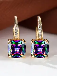 Blue Zirconia Square Stone Luxury Synthetic Crystal Rainbow Hoop Geometric Earrings Boho Gold Color Engagement Wedding Jewelry For Women
