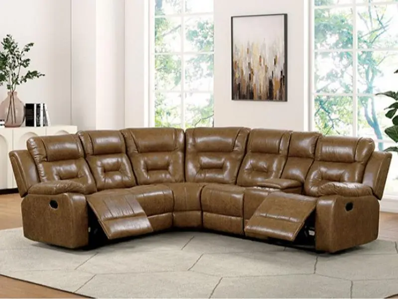 Ezekius Brown Leatherette Sectional Sofa with Recliners and Cup Holder Console - 3 Piece Set