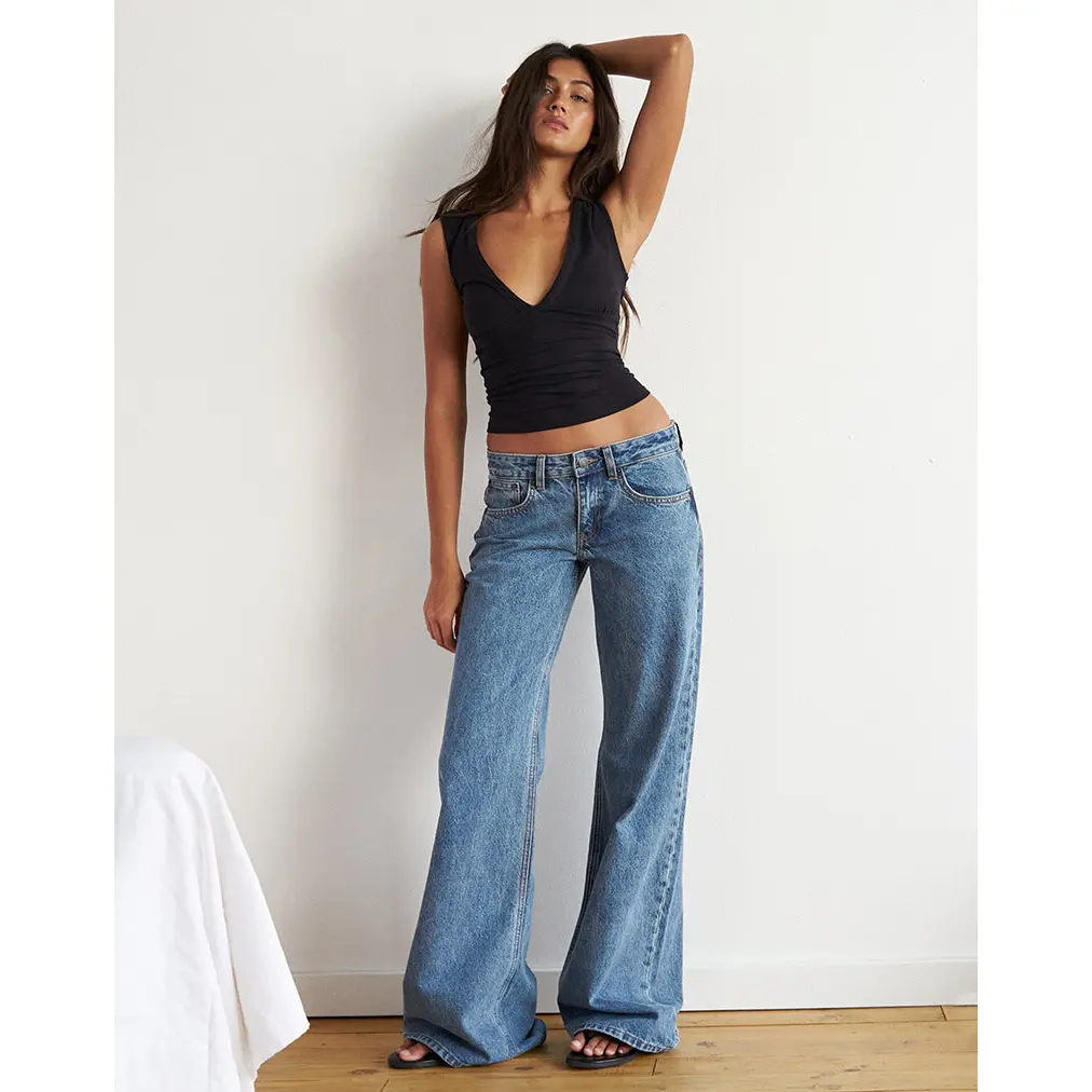 Women's Low Rise Slouchy Flare Jeans in Light Blue Stone Wash, Relaxed Fit 5-Pocket Denim with Recycled Cotton, Bottoms, Clothes, Low Rise Light Wash Jeans, Casual Wear, Flared Pants