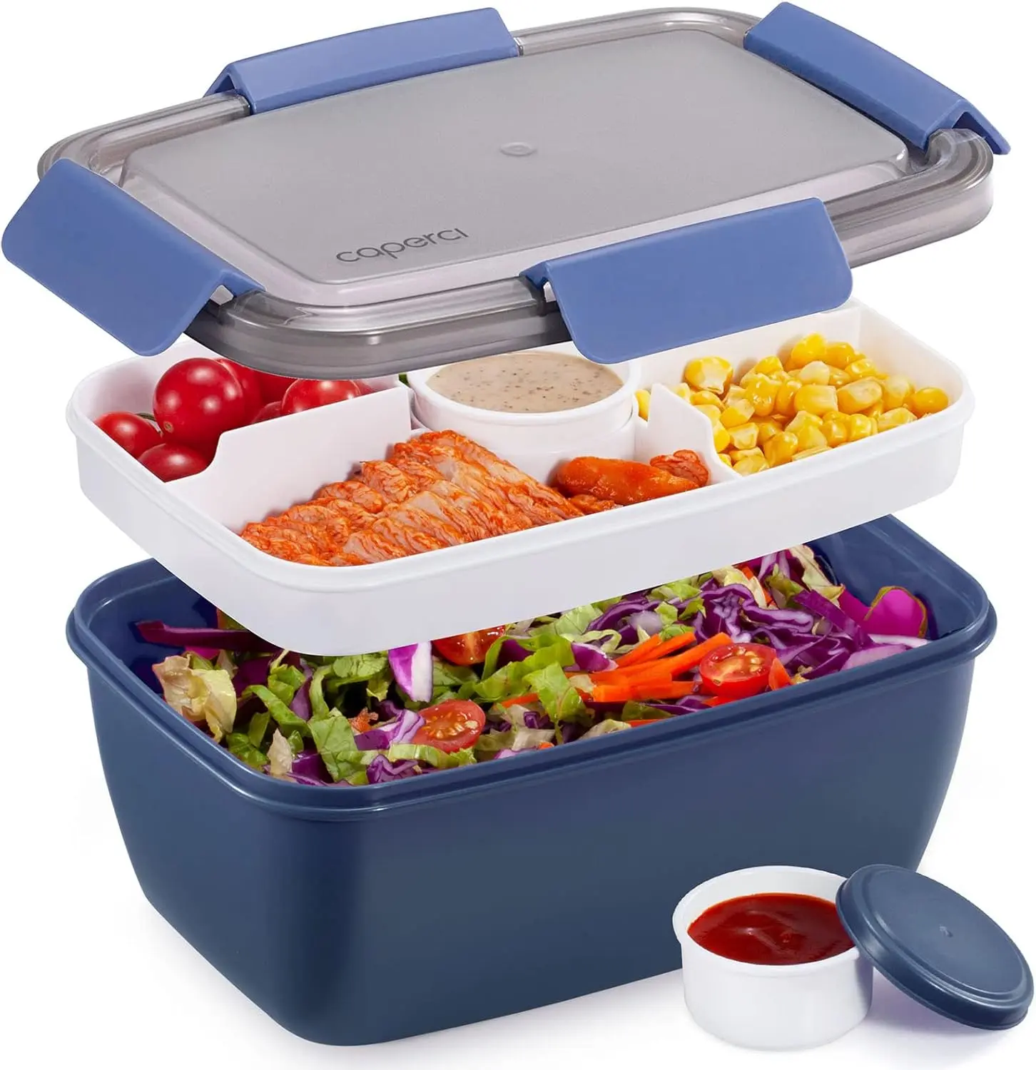 Caperci Reusable Airtight Plastic Salad Container Bowl with Lid - 68 Oz Adult Bento Lunch Box, 5-Compartment Tray, 2 Pcs 3-Oz Sauce Cups, Stackable, BPA-Free Tableware (Navy)