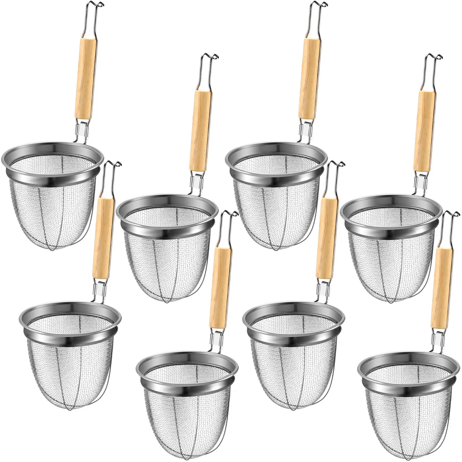 8pcs Pasta Strainer Basket 5. 5 X5. 5 Stainless Steel Noodle Strainer with Wood Handle Kitchen Round Base Mesh Spider Basket Skimmer Food for Pasta, Ramen, Dumplings, and Deep-fried Foods