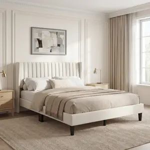Costoffs Linen Fabric Upholstered Bed Frame Queen with Wood Slat Ventilation 6" Under-Bed Space Easy Assembly Winged Side Design & Durable Materials