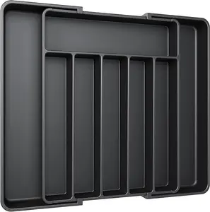 Silverware Organizer - Expandable Utensil Storage Organizer for Kitchen Drawer, BPA-Free, Black Color, Dimensions 13.2" x 8.5" x 2" Adjustable Boxes Divided Compartments
