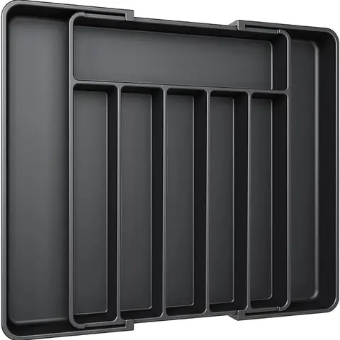 Silverware Organizer - Expandable Utensil Storage Organizer for Kitchen Drawer, BPA-Free, Black Color, Dimensions 13.2" x 8.5" x 2" Adjustable Boxes Divided Compartments