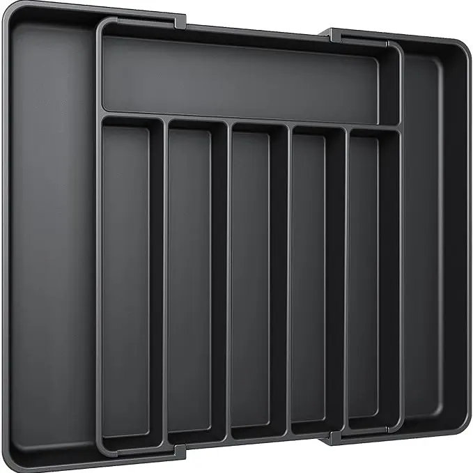 Silverware Organizer - Expandable Utensil Storage Organizer for Kitchen Drawer, BPA-Free, Black Color, Dimensions 13.2" x 8.5" x 2" Adjustable Boxes Divided Compartments