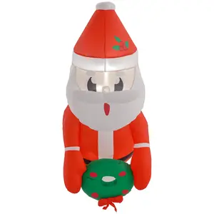 Outsunny 3.4' Christmas Inflatables Hanging Santa Claus Holding Wreath with White LED Lights, Blow-Up Outdoor Christmas Decorations for Lawn Garden Party