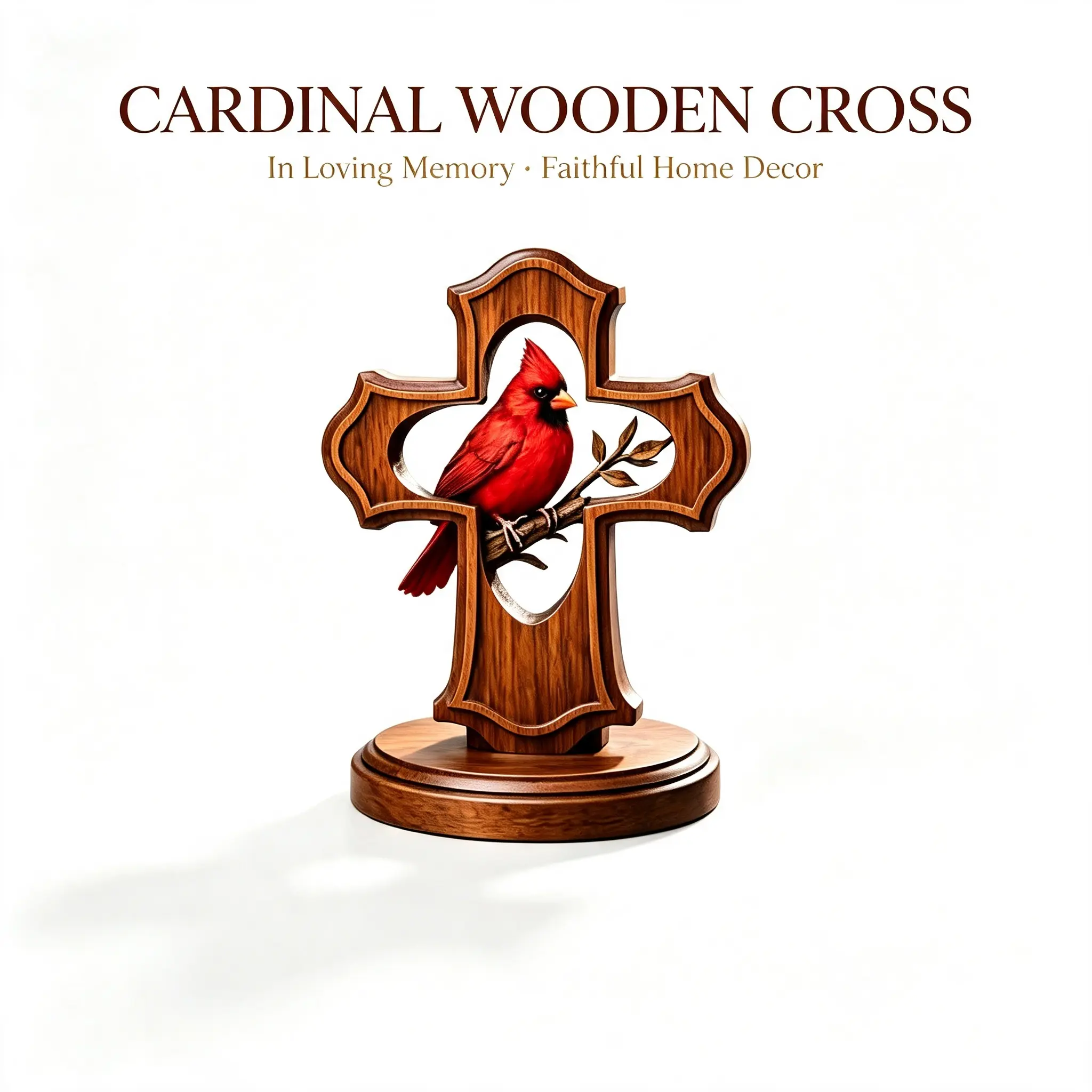 Wooden-Style Cardinal Bird Cross Desktop Ornament, Religious Christian Memorial Sympathy Gift, Home Mantel Shelf Table Decor