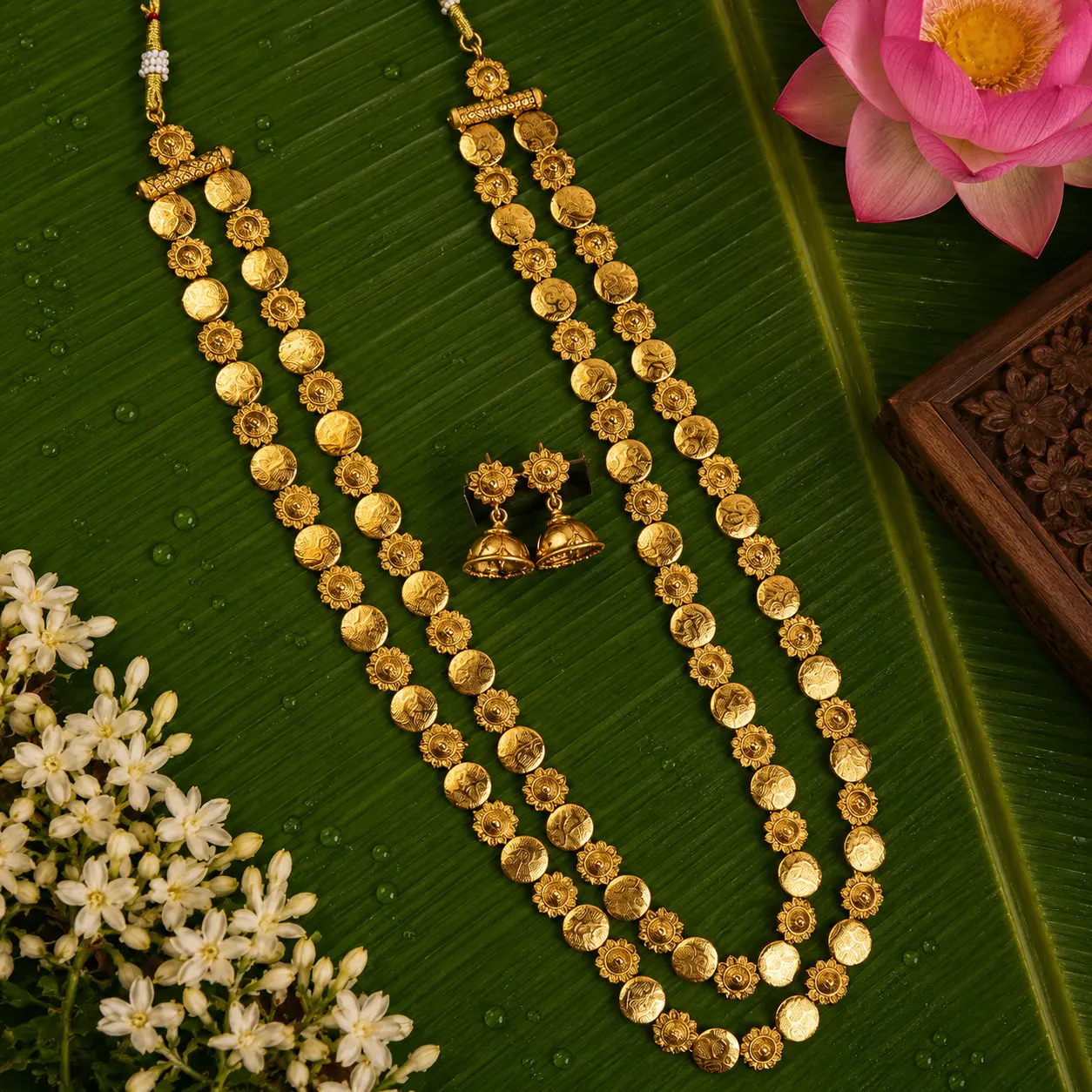 Pushpa Kerala Floral Antique Gold Mala Necklace Set – Traditional South Indian Temple Jewelry for Women | Onam Kasu Coin Long Haram with Jhumka Earrings by Jaipur Rose