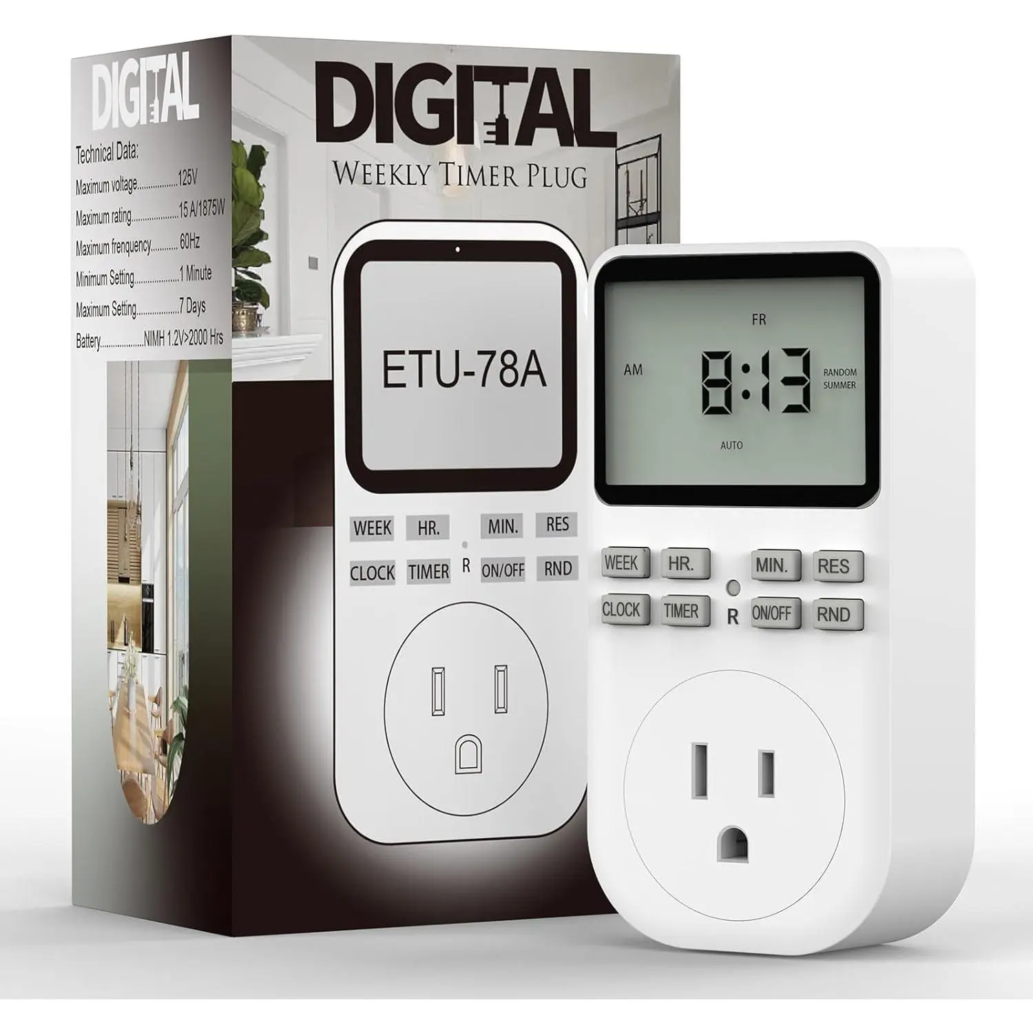 1 x Plug-In Wall Socket Timer Switch - Home Security Plug-In Timer with 7-Day/24-Hour Flexible Scheduling, Anti-Theft Random Mode, 125V AC/60Hz, 15A/1875W, Rechargeable Battery Backup, Display, Energy and Money Saving, Silent Operation, Indoor Use