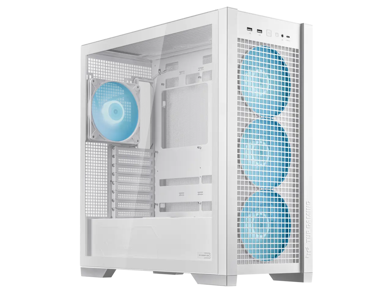 ASUS TUF Gaming GT302 ARGB White Edition ATX Mid-Tower Case Four 140 x 28 mm ARGB fans for high airflow and static pressure, interchangeable side panel, hidden-connector motherboard support