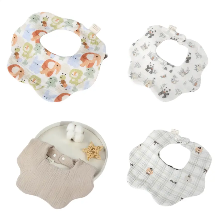 Double Sided Muslin Petal Shape Baby Bibs, Adjustable Snap Reversible Saliva Drool Bib, Lightweight Soft Gauze Feeding Teething Accessory for Newborn Toddlers Daily Use