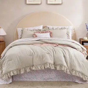 Comforter Set - 7 count Ruffle Beige Bedding Sets, Shabby Chic Farmhouse Bed in a Bag  with Ruffle Comforter, Floral Sheets, Pillowcases & Shams