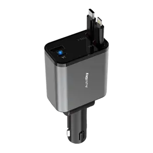4 in 1 Retractable Car Charger - 12V Plug to 4 Charging Cables - iPhone, USB-C and USB-A, USB-C ports