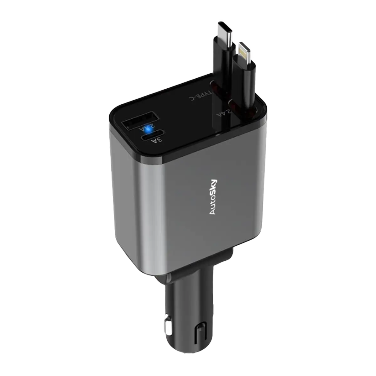 4 in 1 Retractable Car Charger - 12V Plug to 4 Charging Cables - iPhone, USB-C and USB-A, USB-C ports