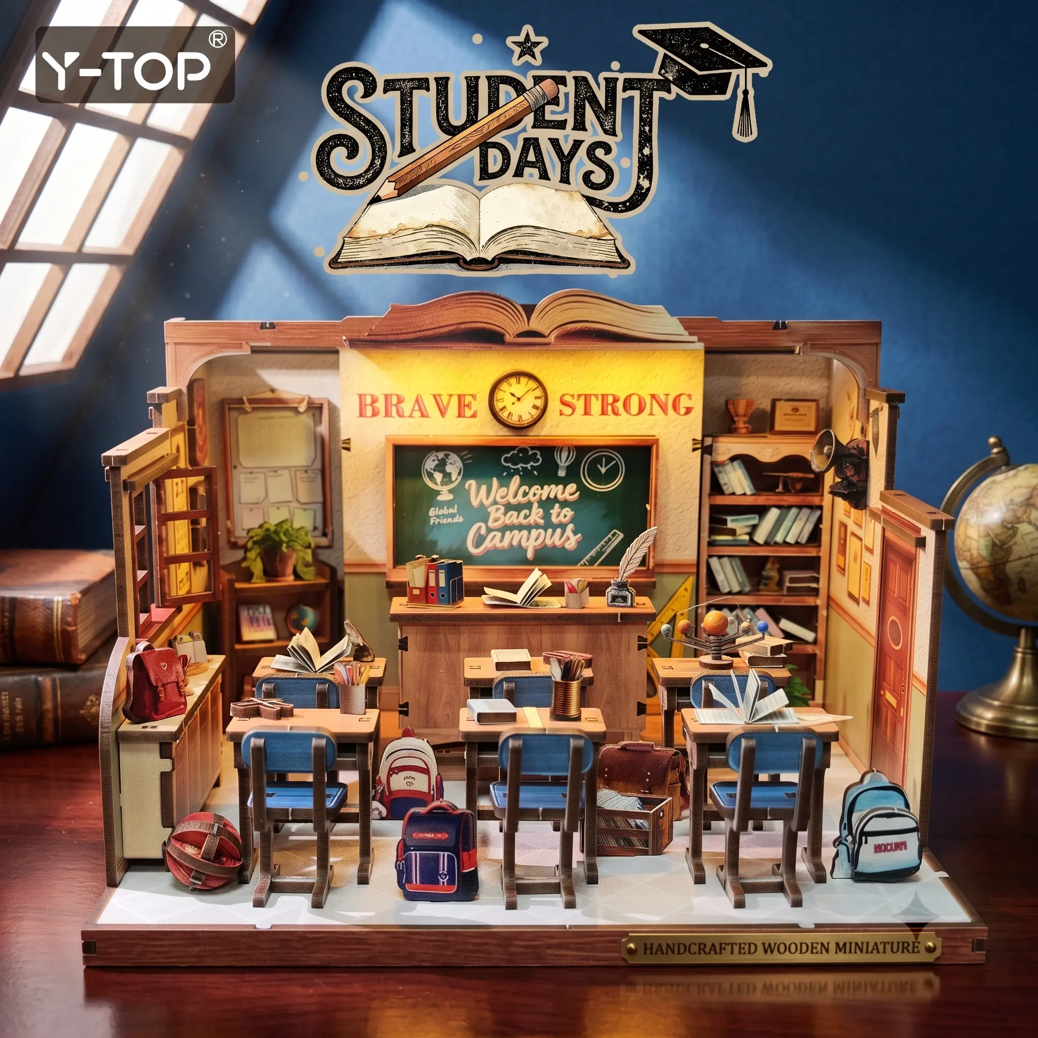 Classroom Memories DIY Miniature Diorama Kit, Vintage School Wooden Model with LED Light, Handmade Craft Kit for Adults, Collectible Desk Decor & Creative Gift