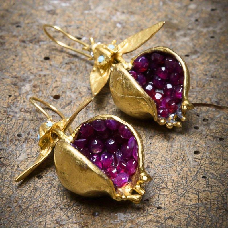 Valentine's Day Romance Gift for Female: 1 Pair Vintage Moth-Pomegranate Design Gold-Plated Drop Earrings, Natural Stone Inlaid, Color Options, Specialty Pomegranate Earrings, Moths Symbolize Romantic Pursuit, Limited-Time Offer