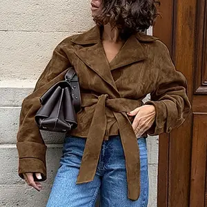 2025 Women's Suede Belt Jacket Autumn/Winter Retro Commuter Brown Suit Collar Jacket High end Coat