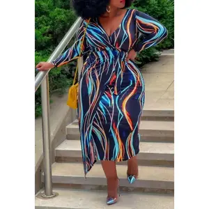 Blue Patchwork V-Neck Plus Size Dresses