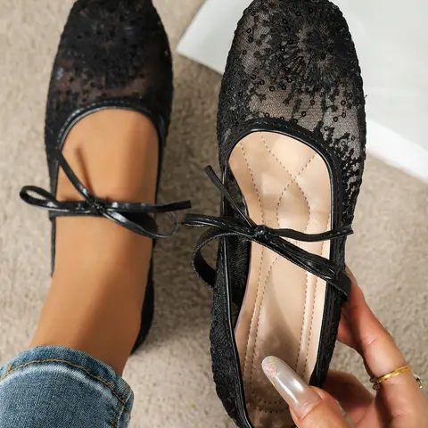 Elegant French Style Fairy Mary Jane Shoes, Square Toe Ballet Mesh Flat Single Shoe, Women's Fashion Footwear for All Seasons, Flat Sole Shoes