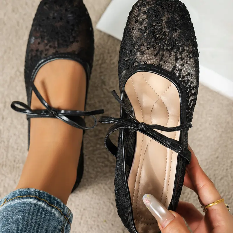 Elegant French Style Fairy Mary Jane Shoes, Square Toe Ballet Mesh Flat Single Shoe, Women's Fashion Footwear for All Seasons, Flat Sole Shoes