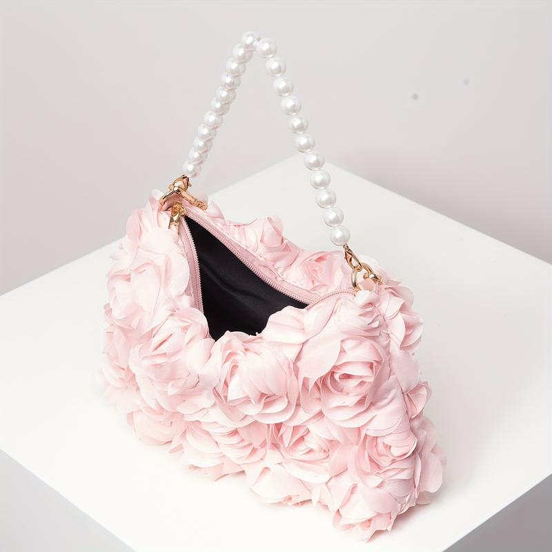 [Wedding Accessory] Elegant Rose-Embellished Crossbody Bag with Faux Pearl Accents - Sweet Pink Floral Evening Clutch, Ideal Valentine's Gift for Women, Polyester Lining, Zip Closure, Wedding Gifts