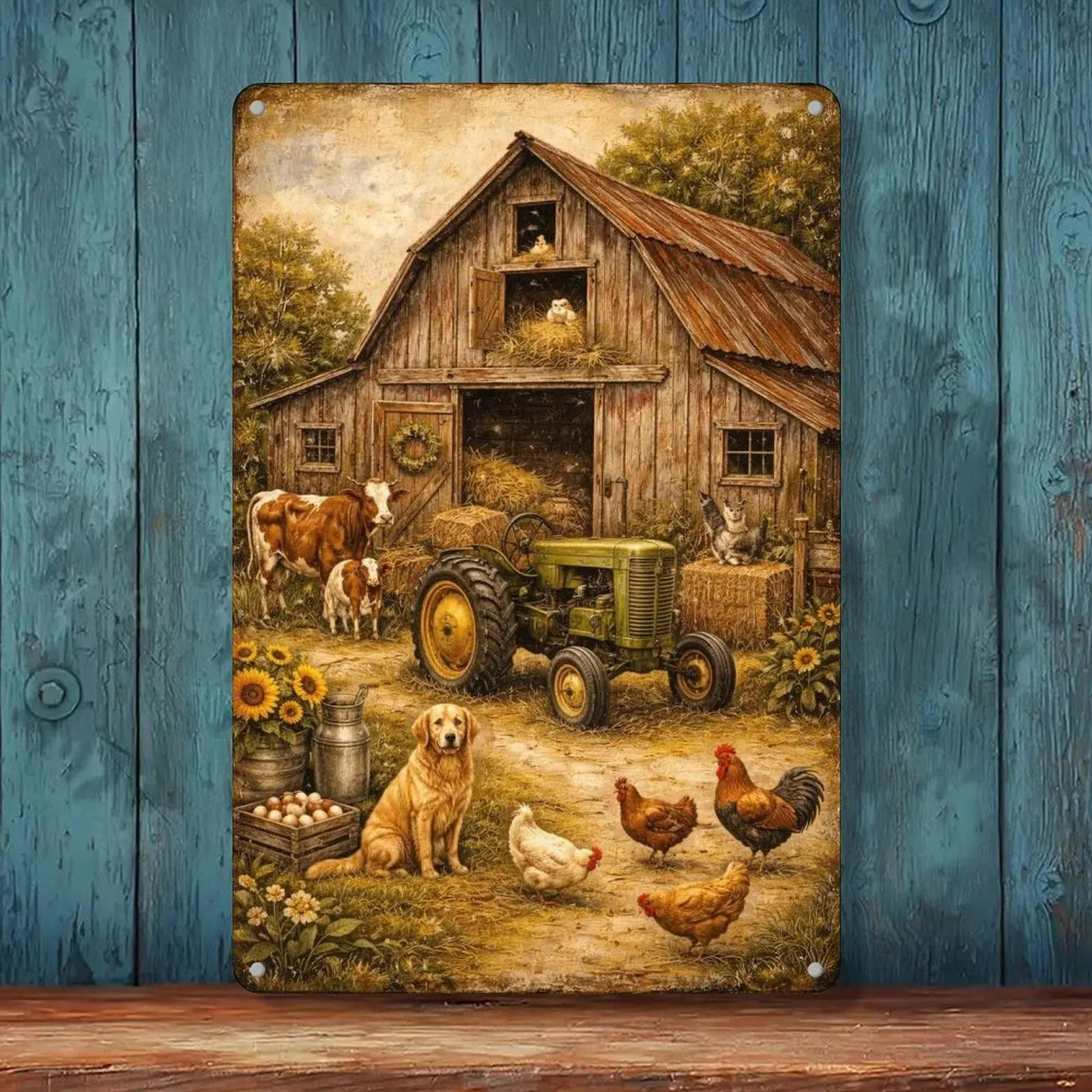 8x12 in Retro Iron Farm Life Tin Sign, Barn Tractor Cow Dog Chicken Sunflower Country Decor, Rustic Farmhouse Wall Plaque, Home Decor Gift Idea, Vintage Home Decor