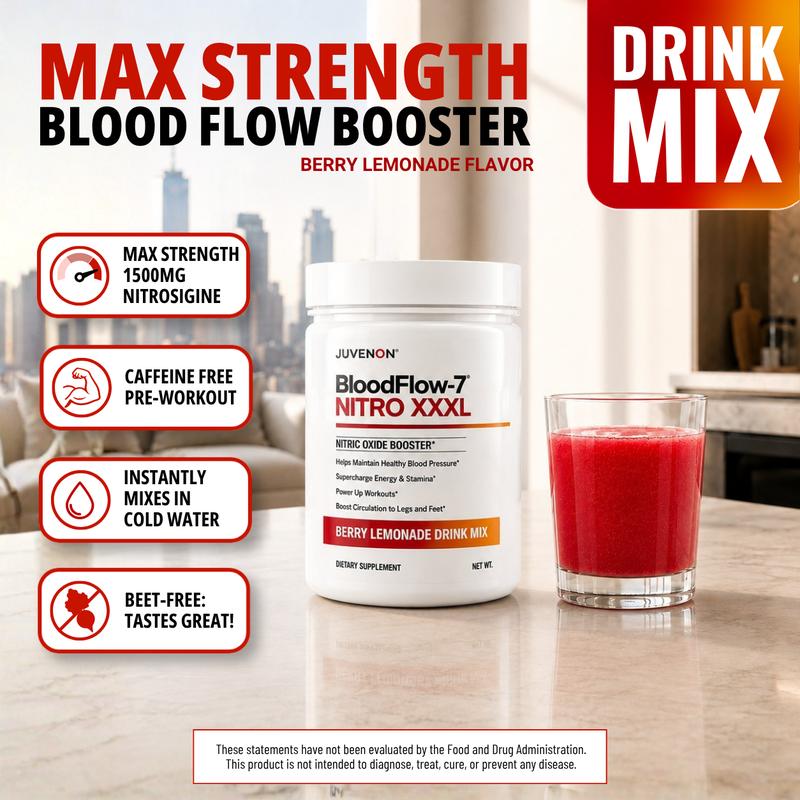 Juvenon BloodFlow-7 Nitro XXXL s7 Dietary Supp. Powdered Drink Mix - 1500mg Nitrosigine, Trans-Resveratrol, Beet-Free Blood Flow Control, Brain Health Support, Berry Lemonade, Instant Mix, 30 Servings, Prop 65 Safe