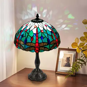 Elegant Dragonfly Tiffany Style Table Lamp - 12-Inch Handmade Stained Glass Shade - Free Bulb Included