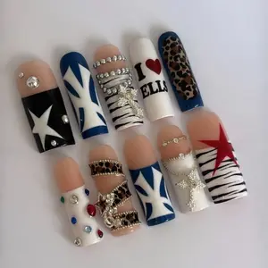 Y2K Star Press On Nails, Long Square Nails, Leopard And Rhinestone Design