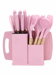 [Best Mother's Day Gifts]XBJ 19-Piece Kitchenware Set, Heat-Resistant Silicone Cutlery with Wooden Handles, Nonstick-Compatible Ladle, Turner, Spoon, Stylish Blush White-Pink, Ideal International Women's Day Gift for Her
