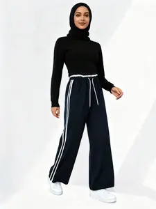 Plus Size Women's Wide Leg Pants, Loose Legged Pants, Drawstring Waist Design, Lace Waistband, Pockets, Side Stripes, Casual Loose Fit, All Seasons
