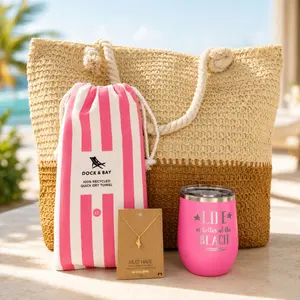 Beach Lover Gift Box Set for Women – Pink Beach Gift Idea with Large Capacity Straw Tote Bag, Beach Towel, Pink Tumbler & Conch Shell Beach Necklace, Gift Box Set, Mother's Day Relaxation Gift Set,