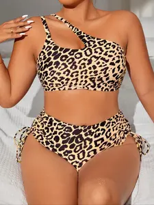 Plus Size 2pcs Leopard Print Bikini Set, Plus One Shoulder Cut Out Bikini Top & Drawstring Ruched Swim Knicker Swimsuit Set, Women's Plus Swimwear for Summer Beach Holiday Vacation