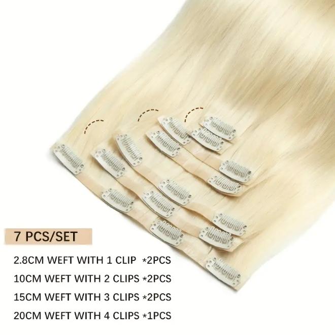 7Pcs Seamless Clip-In Straight Brazilian Remy Human Hair Extensions No Glue PU Clips 12-24 Inch 110-120g Natural Black Brown Blonde Adds Volume Length Quick Transformation Versatile Styling