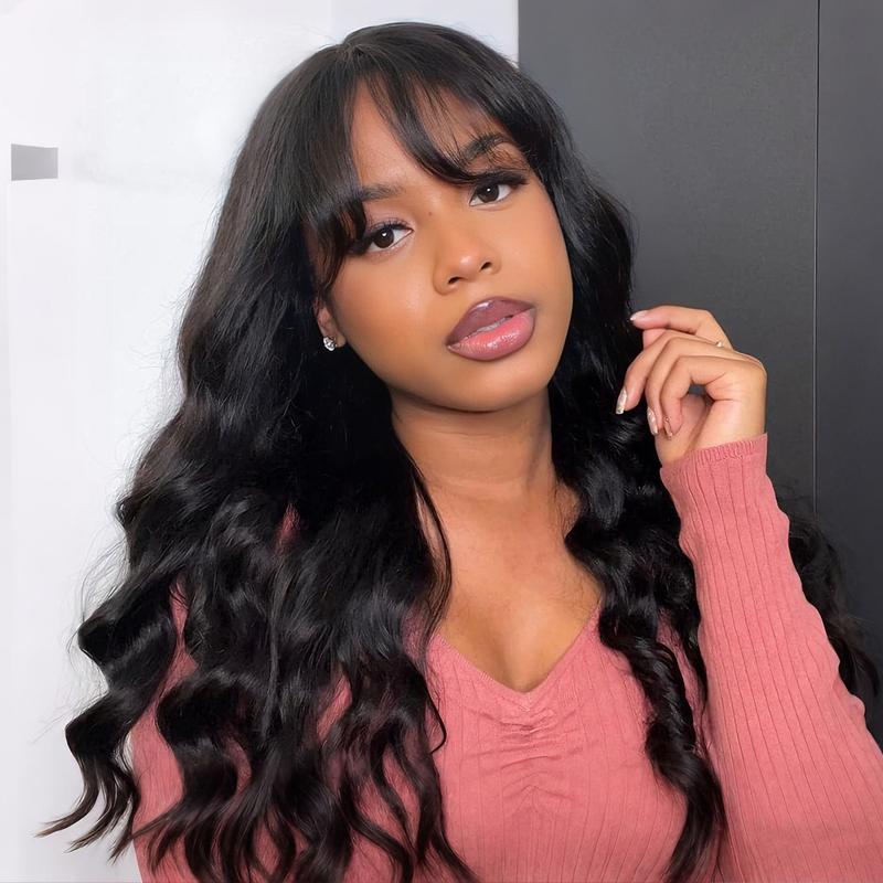 OQ HAIR Body Wave Wigs with Bangs Human Hair Wigs for Women None Lace Front Wigs 200% Density Brazilian Virgin Hair Glueless Machine Made Wig Natural Color