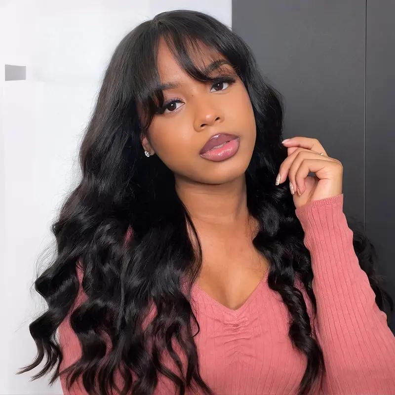 OQ HAIR Body Wave Wigs with Bangs Human Hair Wigs for Women None Lace Front Wigs 200% Density Brazilian Virgin Hair Glueless Machine Made Wig Natural Color
