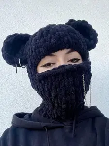 Women's Solid Color Bear Ear Design Beanie Hat, Casual Thickened Windproof Knit Hat for Fall & Winter, Fashion Accessories for Women & Girls