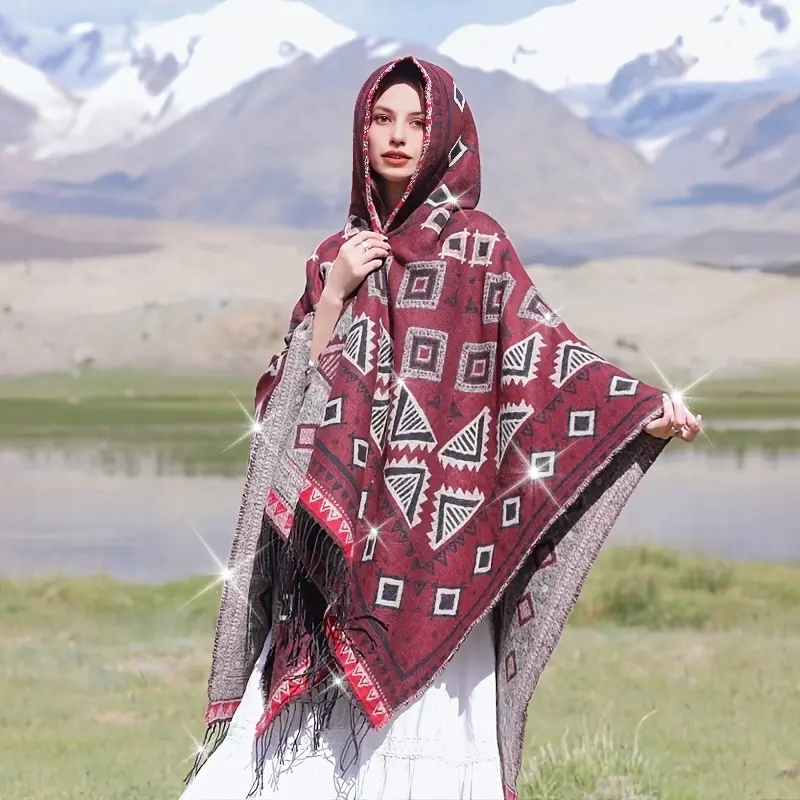 Oversized Hoodie Scarf Blanket Shawl Boho Geometric Print Tassel Warm Cape Outdoor Windproof Thick Cardigan Shawl